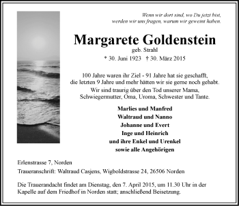 Traueranzeige von Margarete Goldenstein von Ostfriesischer Kurier