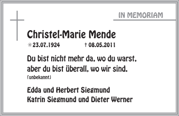 Traueranzeige von Christel-Marie Mende 