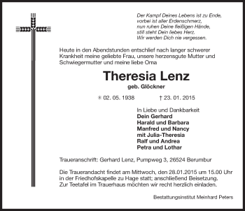 Traueranzeige von Theresia Lenz von Ostfriesischer Kurier