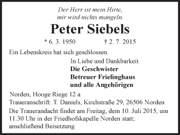 Traueranzeige von Peter Siebels 