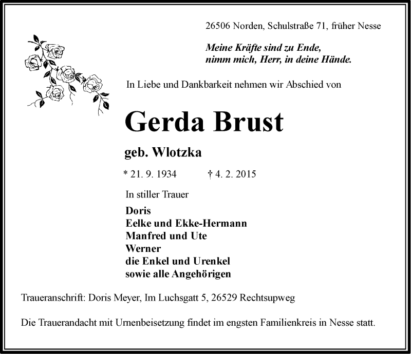  Traueranzeige für Gerda Brust vom 06.02.2015 aus Ostfriesischer Kurier