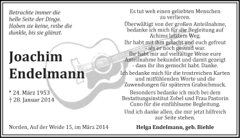 Traueranzeige von Joachim Endelmann von Ostfrisischer Kurier