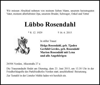 Traueranzeige von Lübbo Rosendahl 