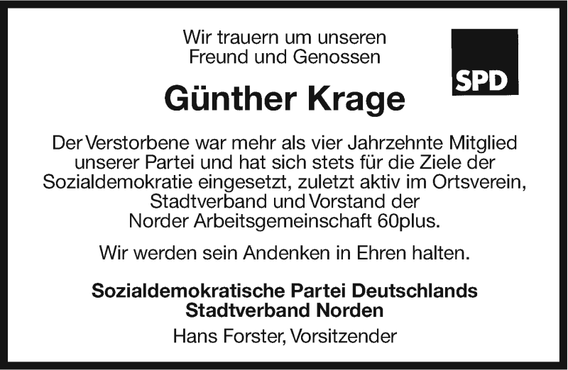  Traueranzeige für Günther Krage vom 14.03.2015 aus Ostfriesischer Kurier