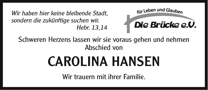  Traueranzeige für Carolina Hansen vom 21.02.2015 aus Ostfriesischer Kurier