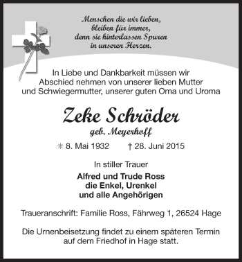 Traueranzeige von Zeke Schröder 