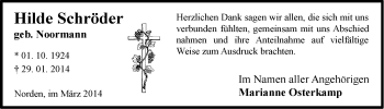 Traueranzeige von Hilde Schröder von Ostfrisischer Kurier