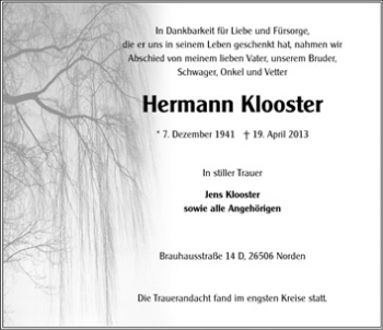 Traueranzeige von Hermann Klooster von Ostfrisischer Kurier