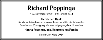 Traueranzeige von Richard Poppinga von Ostfrisischer Kurier