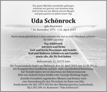 Traueranzeige von Uda Schönrock von Ostfrisischer Kurier