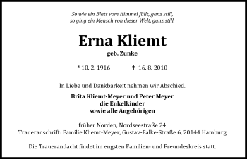 Traueranzeige von Erna Kliemt von Ostfriesischer Kurier