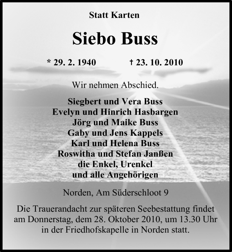 Traueranzeigen von Siebo Buss | OK-Trauer.de