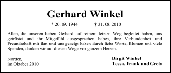 Traueranzeige von Gerhard Winkel von Ostfriesischer Kurier