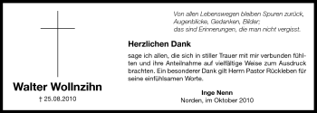Traueranzeige von Walter Wollnzihn von Ostfriesischer Kurier