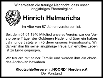 Traueranzeige von Hinrich Helmerichs von Ostfriesischer Kurier