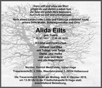 Traueranzeige von Alida Eilts von Ostfriesischer Kurier
