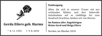 Traueranzeige von Gerda Eilers von Ostfriesischer Kurier