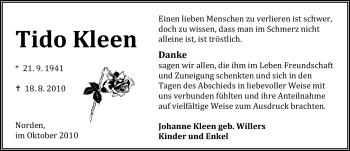 Traueranzeige von Tido Kleen von Ostfriesischer Kurier
