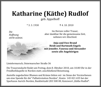 Traueranzeige von Katharine (Käthe) Rudlof von Ostfriesischer Kurier