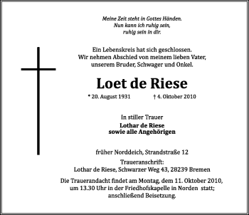 Traueranzeige von Loet de Riese von Ostfriesischer Kurier