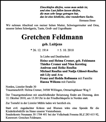 Traueranzeige von Gretchen Feldmann von Ostfriesischer Kurier