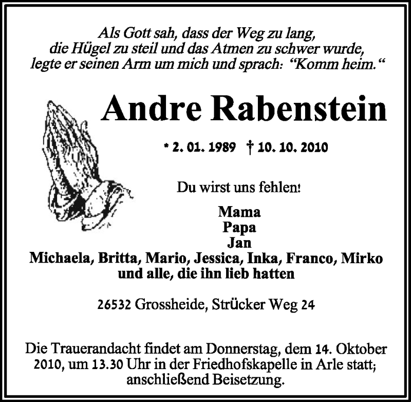  Traueranzeige für Andre Rabenstein vom 12.10.2010 aus Ostfriesischer Kurier