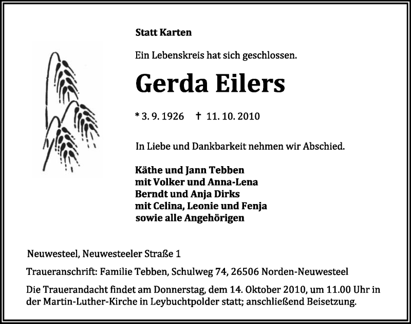  Traueranzeige für Gerda Eilers vom 12.10.2010 aus Ostfriesischer Kurier