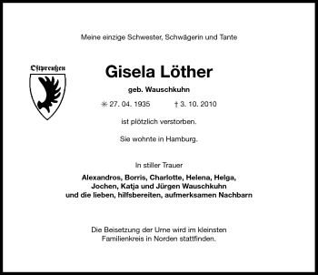 Traueranzeige von Gisela Löther von Ostfriesischer Kurier