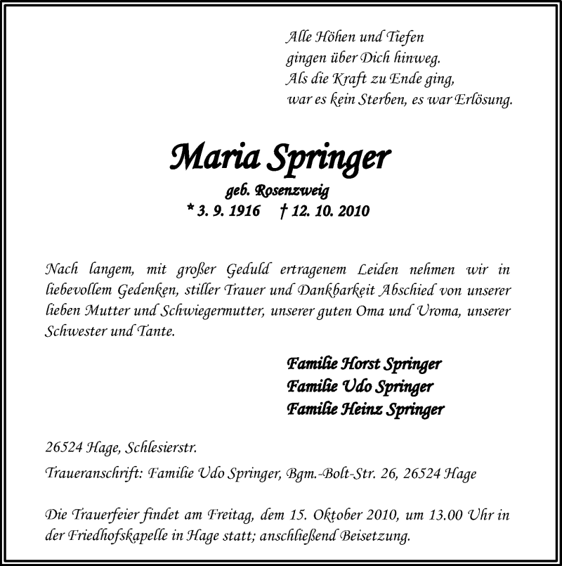  Traueranzeige für Maria Springer vom 14.10.2010 aus Ostfriesischer Kurier