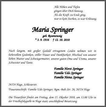 Traueranzeige von Maria Springer von Ostfriesischer Kurier