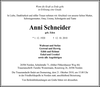 Traueranzeige von Anni Schneider von Ostfriesischer Kurier