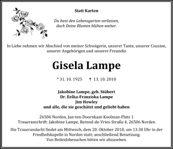 Traueranzeige von Gisela Lampe von Ostfriesischer Kurier