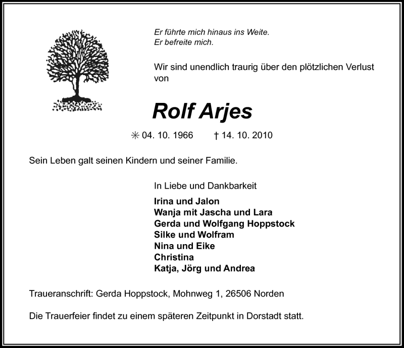  Traueranzeige für Rolf Arjes vom 19.10.2010 aus Ostfriesischer Kurier