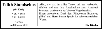 Traueranzeige von Edith Standschus von Ostfriesischer Kurier