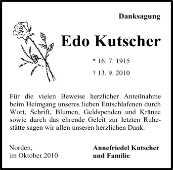 Traueranzeige von Edo Kutscher von Ostfriesischer Kurier