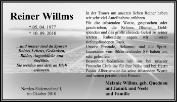 Traueranzeige von Reiner Willms von Ostfriesischer Kurier