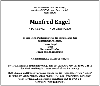 Traueranzeige von Manfred Engel von Ostfriesischer Kurier