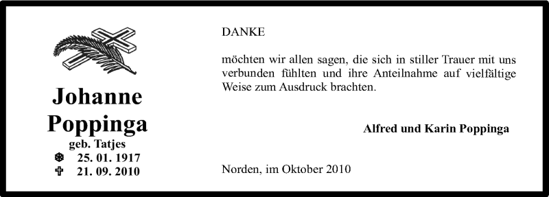  Traueranzeige für Johanne Poppinga vom 23.10.2010 aus Ostfriesischer Kurier