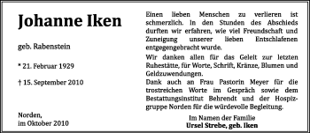 Traueranzeige von Johanne Iken von Ostfriesischer Kurier