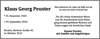Traueranzeige von Klaus Georg Peuster von Ostfriesischer Kurier