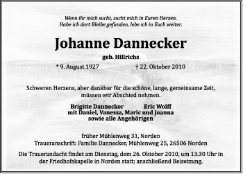 Traueranzeige von Johanne Dannecker von Ostfriesischer Kurier