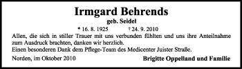 Traueranzeige von Irmgard Behrends von Ostfriesischer Kurier