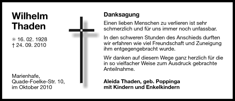  Traueranzeige für Wilhelm Thaden vom 30.10.2010 aus Ostfriesischer Kurier