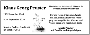Traueranzeige von Klaus Georg Peuster von Ostfriesischer Kurier