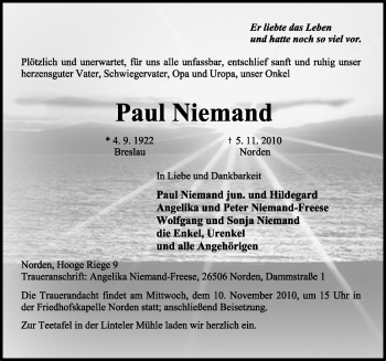 Traueranzeige von Paul Niemand von Ostfriesischer Kurier