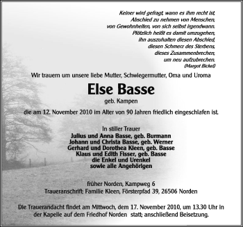 Traueranzeige von Else Basse von Ostfriesischer Kurier