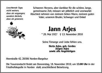 Traueranzeige von Jann Arjes von Ostfriesischer Kurier