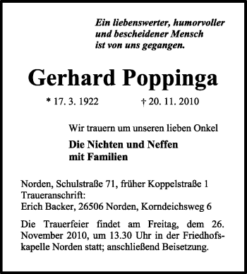 Traueranzeige von Gerhard Poppinga von Ostfriesischer Kurier