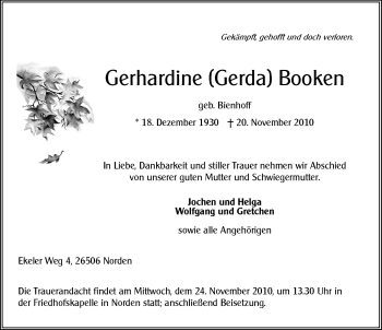 Traueranzeige von Gerhardine (Gerda) Booken von Ostfriesischer Kurier