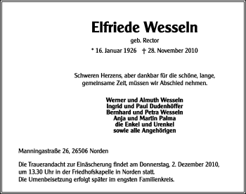 Traueranzeige von Elfriede Wesseln von Ostfriesischer Kurier